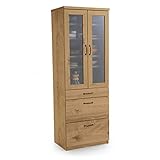 LOWYA （ロウヤ） 食器棚 耐震ラッチ付き ガラス扉収納 可動棚 引き出し3杯 アンティーク調 リアル木目 幅60cm 国産 Aタイプ ナチュラル おしゃれ