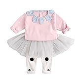 FEVON　セットアップ　子供服　女の子　Tシャツ+スカートパンツ　2点セット　春秋　長袖　可愛い　花の襟　ベビー服　赤ちゃん　女児　新生児　ロングパンツ　チュールスカート付き　ふわふわ　おしゃれ