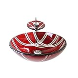 Homelava 現代　手洗い器＆蛇口セット　洗面ボウル　洗面器　バスルーム　洗面台　洗面用　強化ガラス製　円形　排水金具付　レッド