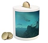 Nautical Piggy Bank by Ambesonne、Dolphins Ruined Wreckage Underwater Sunken出荷Mystery Treasure、印刷セラミッ