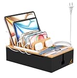 Pezin & Hulin 竹製充電ステーション 複数のデバイス用 USB充電ドックオーガナイザー 電源(10ポートハブ) 6ケーブル 携帯電話用ケーブル管理オーガナイザー タブレット用 ナチュラル+ブラック