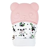SPTC ベビー歯固めシリコン手袋　かわいいクマ 食品グレードのシリコン　手に噛んでいないように保護　歯茎マサージ　音が出る赤ちゃん用歯磨きスティック　手袋　3-18ヶ月赤ちゃん用　ピンク