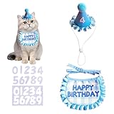犬 誕生日グッズ 3点セット おしゃれ 犬 誕生日 帽子 Happy Birthday バンダナ よだれかけ 数字付き 犬 猫用 誕生日 帽子 スタイ 唾液タオル ペット 誕生日 飾り プレゼント (ブルー)