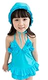 (トヨベイ)Toyobuy 可愛い子供 ロンパース ワンピース 水着 フリル 連体式 練習用水着 水着パーカー 海水浴 温泉 スイムウェア ビキニ タンキニ キャップ付きスクール ブルー 2XL
