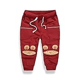 PANCY 子供服 春秋 長ズボン キッズ 縄付き ロングパンツ 男の子 女の子 シンプル 可愛い くま アップリケ(レッド,100cm)