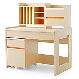 学習机 学習デスク 4点セット 3段階 天板昇降 上棚組換え 可動棚 チェスト付 木目調 勉強机 幅100cm ツートン ナチュラル/オレンジ