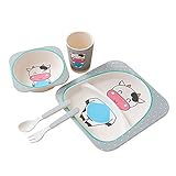Pawaca お子様ランチセット　ベビー食器セット　ギフトセット　5点セット　全4種類　動物柄　食洗機対応　竹製　無毒無害　うしさん