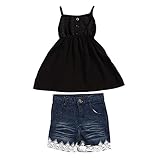 Domybest子供服　女の子　チュニック　キャミソール　ガールズ トップス+ショートパンツ2点セット　春　夏　デニムパンツ　上下セット　普段着　お出かけ　ビーチ　海辺 (120（4-5歳）)