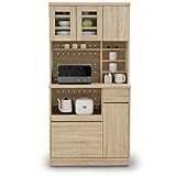 LOWYA （ロウヤ） 食器棚 キッチン収納 リアル木目調 ガラス扉 オープン収納 2口コンセント付き 可動棚 PVC仕上げ リバーシブル 上段Aタイプ＋下段Aタイプ 幅90cm オーク おしゃれ 新生活