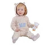 子ども服 ベビー ロンパース フード付き キッズ ジャンプスーツ 男の子 女の子 英字柄 カバーオール 新生児 出産祝い 長袖 オーバーオール (100CM(18-24ヶ月), ベージュ)