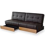 ソファーベッド シングル 収納 【ユパ ブラウン】 幅176cm　レザー 3段階リクライニング 木目調 引き出し収納付