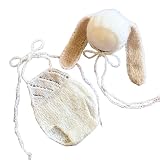 [NANA's shop] うさぎ耳帽子と編み模様オーバーオール ニューボーンフォト衣装 ボンネット 月齢フォト (白)