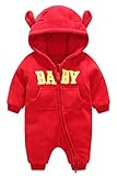 ジャンプスーツ ベビー服 女の子 新生児 カバーオール 長袖 フード付き 厚手 前開き 赤ちゃん 防寒着 パーカー 秋冬服 出産準備 出産祝い 9-12ヶ月 レッド