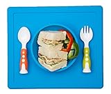 Raymoon 子供用　食器　お食事マット 一体式　ハッピボウル　ランチョンマット ランチプレート シリコン 離乳食 ベビー食器 赤ちゃん 防水　滑り止め　可愛い　出産祝い　スプーン　フォーク付き　ブ