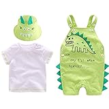 LittleSpring夏 ベビー 0-2歳 男の子 女の子 ロンパース 三点セット無地 コットン 半袖ｔシャツ＆恐竜柄 角付き サロペット＆日焼け止め 紫外線対策 耳付きバケットハット 6-9M