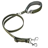 Beanspet 犬用リード 2重ロック ダブルナスカン レザー製 1.2m 長さ調整 持ち手パッド 小型犬 中型犬 大型犬 散歩 しつけ 脱走防止 (カーキ, M)