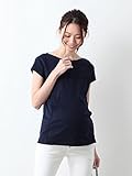 Angeliebe エンジェリーベ マタニティ 授乳口付き Tシャツ 綿混 やわらか フライス 半袖 ボートネック 妊婦服 産前 産後 S ～ M ネイビー 21760 21760101