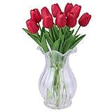 シングルステム10頭人工チューリップリアルタッチPUチューリップフラワーアレンジメントブーケホームルームオフィスセンターピースパーティーウェディングインテリア（赤）
