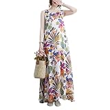 [kisetsumate] ノースリーブワンピース レディース 夏 綿麻ワンピース Aライン 花柄 ロングワンピース マキシ丈 カジュアル 体型カバー コットンリネン リゾートワンピース ゆったり きれいめ 人気 着痩せ (M, 花柄H)