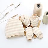 エルフ ベビー(Fairy Baby)出産祝い オーガニック 新生児用 ミトン1組+靴下1足+帽子1枚 (茶色 縞柄)