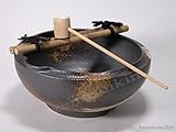 窯肌刷毛目つくばい（竹25cm） 　 （信楽焼・陶器・蹲い・つくばい・手水鉢・手洗い鉢・日本庭園・インテリア・水琴窟・竹・柄杓・H）*　※幸せを呼ぶ幸運の黄色「風の水琴工房オリジナルキーホルダー」付き