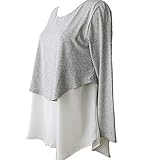 マタニティ 授乳 服 重ね着風 Tシャツ ロング カットソー トップス (グレー)
