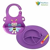 Raymoon ベビー　食事用 シリコン　防水 エプロン　食器 　大きいポケット付き 軽くて柔らかい 可愛い動物柄　食事こぼしキャッチ　持ち運び便利　誕生日　プレゼント　出産祝い　洗濯可　前掛け　袖な