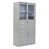 スチールキャビネット スチール キャビネット 書庫 スチール書庫 引き戸 鍵付き 6段引き出し付き 収納庫 完成品 業務用 グレー f006d