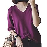 [ANCKDOCE] レディース サマーニット半袖 Tシャツ Vネック ゆったり 落ち感カットソー ファッション夏服 トップス きれい め コーデ(Purple)