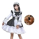 [iinoo] メイド服 ロリータ コスプレ ハロウィン 仮装 レディース ワンピース エプロン イベント メイド喫茶 リボン 長袖 カチューシャ 大きいサイズ 【５点セット】 (Mサイズ)