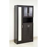 シューズボックス 下駄箱 ミラー付 ルーバー扉 90cm幅 大型 ルーバーシューズボックス 収納棚 壁面収納 ロッカー 木製シェルフ 多目的収納ラック マルチラック ダークブラウン CPB016DBR