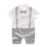 ALLAIBB ベビー ロンパース カバーオール フォーマル 夏 男の子 ストライプスーツ 蝶結び 偽サロペット スマイル 結婚式 生産お祝い size 73 (ホワイト+グレー)