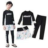 [WindTour] キッズ 水着 男の子 セパレー 3点セット【長袖ラッシュガード+レギンス＋ショートパンツ】スクール水着 男子 上下セット 子供水着 水泳パンツ 水遊び スイムパンツ スイムウェア ラッシュガード キッズ 紫外線対策 UVカット 130 140 150 160 (140, ファスナーなし-木の葉-ホワイト)