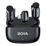 BOYA miniワイヤレスマイク【超ミニ360°集音ピンマイク】Lightning 無線マイク iPhone 14シリーズ対応 iPhone用 瞬時接続 ノイズ軽減 プラグ＆プレイ AI音声変換 伝送距離100m 2人用 ブルートゥース不要 38時間連続使用 クリップ式 Vlog撮影/動画配信/生放送等に対応 収納充電ケース付き（Lightning機種対応）(2TX+1RX)黑
