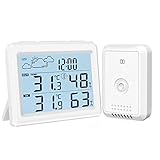 AMIR デジタル温度計湿度計 外気温度計 ワイヤレス 温度湿度計 室内室外 高精度 LCD大画面 外部​​センサー付き 気象ステーション付き バックライト付き 最高最低温湿度 快適レベル 温度と湿度傾向図表示 置き掛け両用 天気予報 時刻表示 温室 ペット 華氏/摂氏表示 温度管理 健康管理 見やすい おしゃれ アラームクロック 白 ペット ホワイト