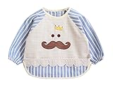 C-Princess ベビー 防水 長袖 スモック 食事 エプロン 幼児 赤ちゃん ビブ スタイ ガウン ストライプ ひげ柄 可愛い 女の子 男の子 幼稚園 保育園 ブルー 90