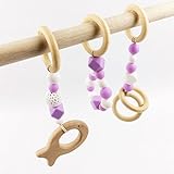 [マミマミホーム] 歯固めペンダント　赤ちゃん喜んで面白い 木製動物/リング [天然木] さかな /パープル ３枚セット