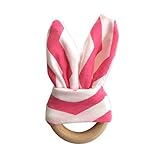 #1 Wooden Teether Ring With Minky Fabric Bunny Ears, Chevron Pink by Ayah Baby