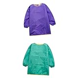 Homyl ポリエステル繊維防水布　子供　長袖　エプロン　防水スモック　男女兼用　日常着用　通気性　紫+緑　2サイズ - M