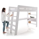 ロフトベット ハシゴ一体型 デスク・ラック付き 天然木 スノコ板 システムベッド ハイタイプ シングル ホワイト