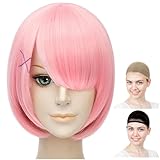 CaseEden コスプレ ウィッグ さらさら ショート 30cm 耐熱 ピンク 桃色 ウィッグネット2個セット