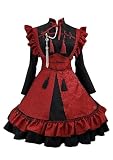 [YZZYQQ] メイド服 英国風 長袖 赤黒 ロング セクシー コスプレ メイド服 セット メイド喫茶 カフェ仮装 maid cosplay cute sexy レッド 3XL