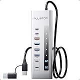PULWTOP パワード USB C ハブ、PULWTOP 11-in-1 USB ハブ、SD/TF、USB-C 10Gbps × 2、USB-A 5/10Gbps × 4、24/45W Type-C PD 充電ポート × 2 (ビデオ非対応)、USB パワード ハブ (72W DC アダプター付属)