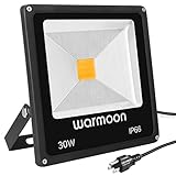 Warmoon Outdoor LED Flood Light, 30W Warm White 3200K Waterproof Security Lights with 3-Prong US Plu