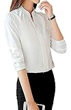 [Ressh.N] ブラウス レディース 長袖 無地 Vネック スタンドカラーシャツ オフィス 事務服 フォーマル カジュアル (L, ホワイト)