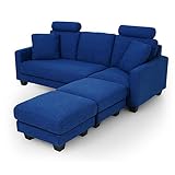 ソファ カウチソファ 4way ポケットコイル ファブリック ヘッドレスト 天然木土台 ダークネイビー