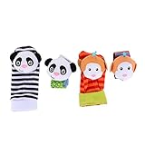 ThinkMax赤ちゃんRattle、4個ベビーWrist Rattles and足ファインダーセットDevelopmentalソフト動物おもちゃ – Monkey andパンダ