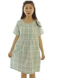 (レモンツリーセブン)Lemon tree7 レディース 半袖 ネグリジェ ワンピース 春 夏 ロング フレア チェック柄 綿100％ 可愛い 涼しい レース コンフォート ルームワンピース グリーン