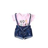ベイビー服 Ｔシャツ 夏 女の子 Pojour 1-6歳子供かわいいオーバーオールデニム 2セット 綿 通気 ピンク(70cm)