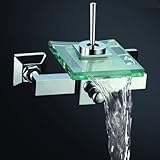 Ouku壁マウントContemporary容器シンク浴室蛇口2つ穴シングルハンドルWidespread Waterfallバスタブ蛇口ガラス注ぎ口付きバスシャワーミキサータップ洗面所衛生器具セラミック